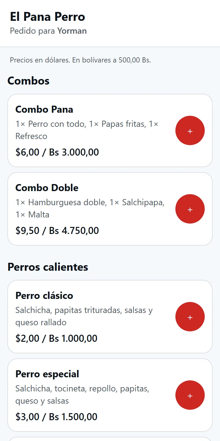 El menú de un negocio en el teléfono de un cliente, con los precios en dólares y en bolívares